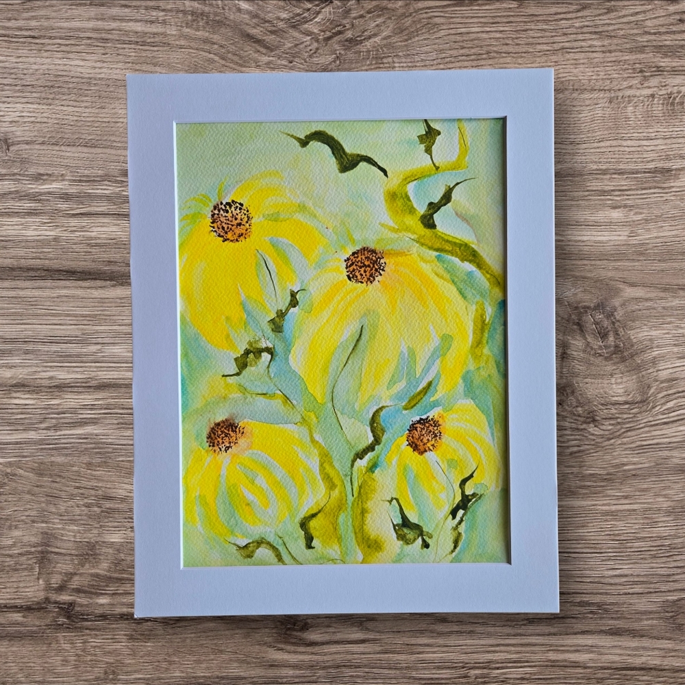 Sunflower Original Watercolor in Yellow and Green 9x12, Matted 11x14